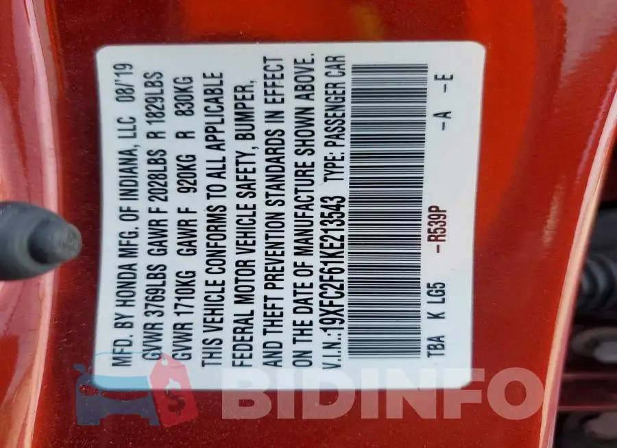 19XFC2F61KE213543 Photo# 12