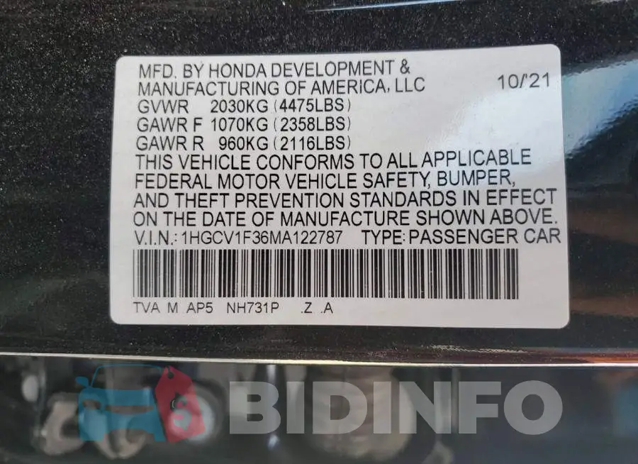 1HGCV1F36MA122787 Photo# 12