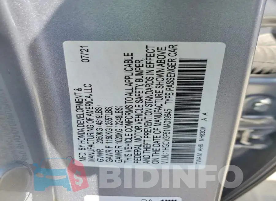 1HGCV3F51MA019645 Photo# 12