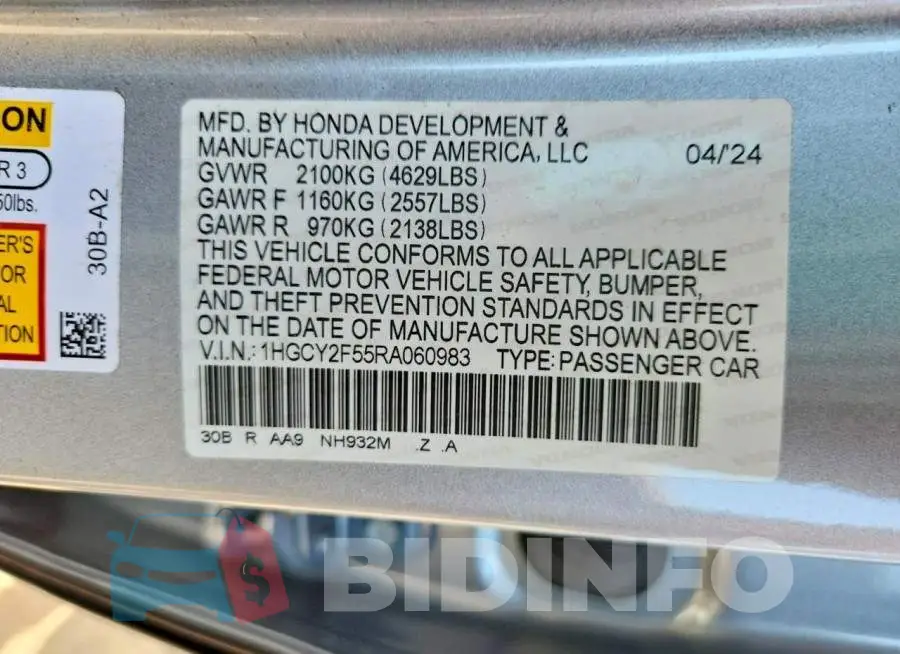 1HGCY2F55RA060983 Photo# 12