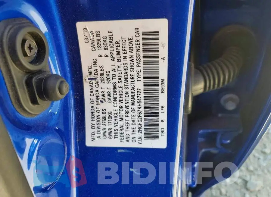 2HGFC2F67KH547727 Photo# 12