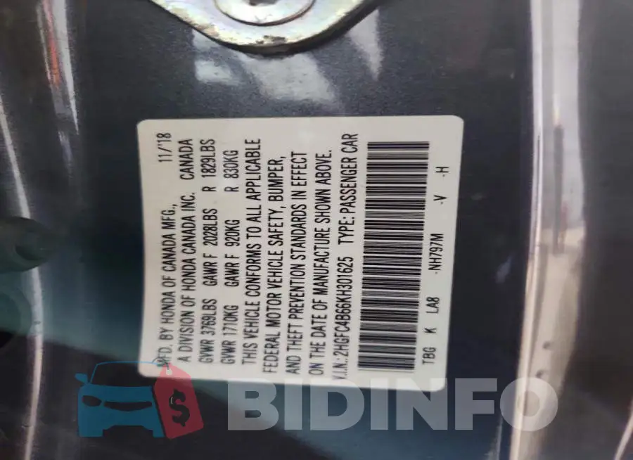 2HGFC4B66KH301625 Photo# 12