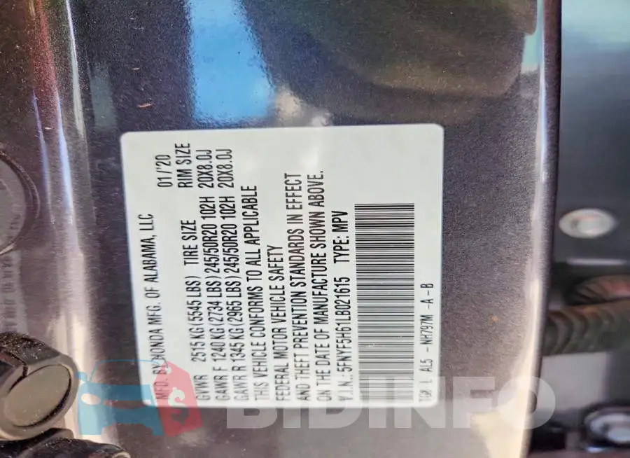 5FNYF5H61LB021615 Photo# 12