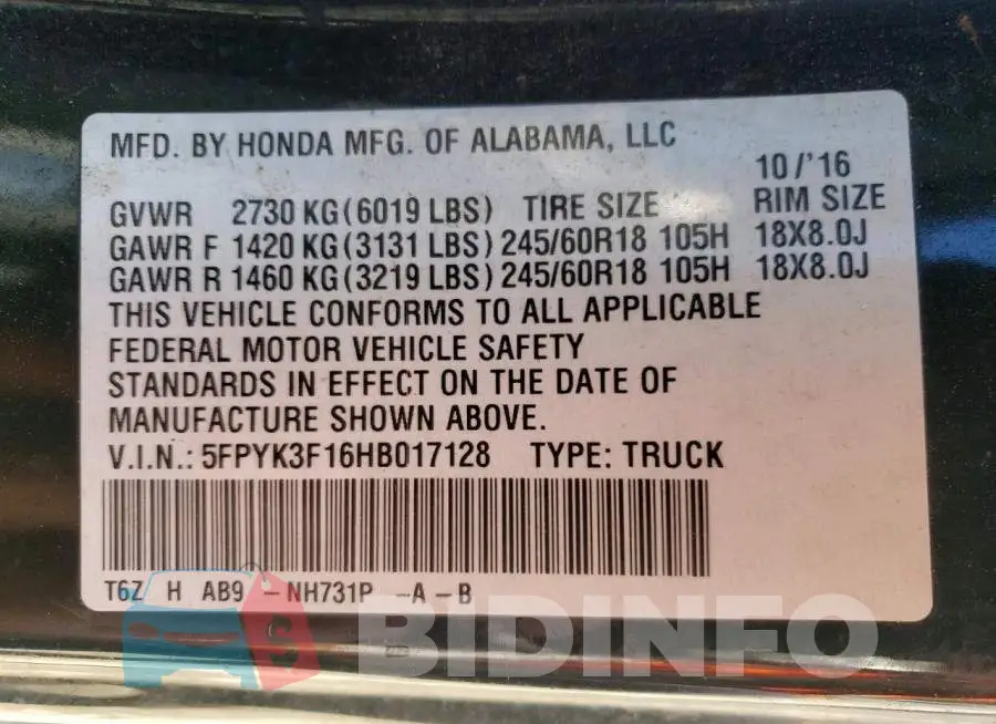 5FPYK3F16HB017128 Photo# 12