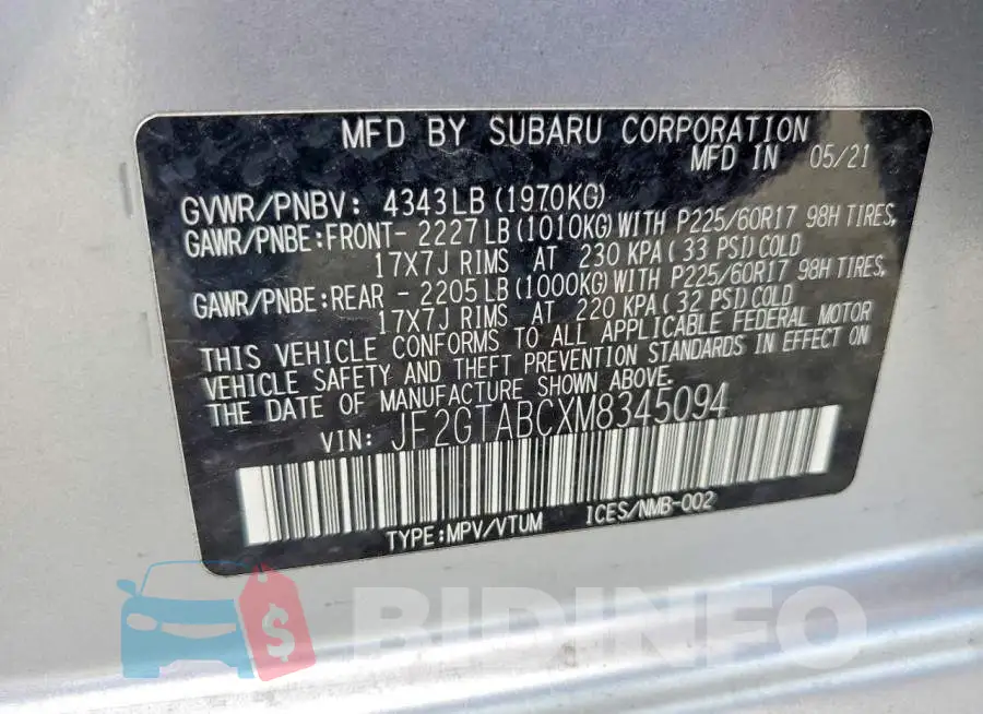 JF2GTABCXM8345094 Photo# 13