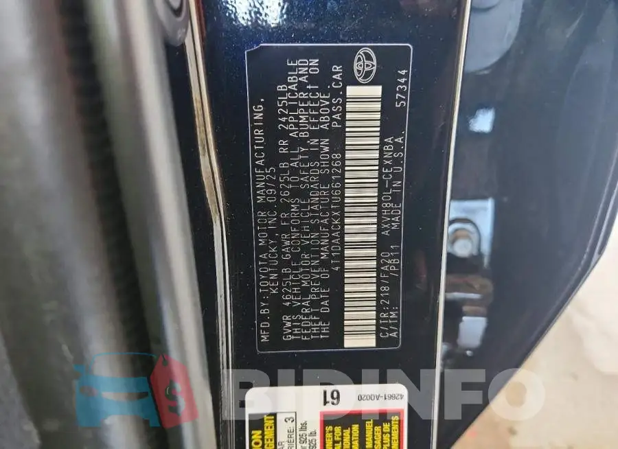 4T1DAACKXTU661268 Photo# 12