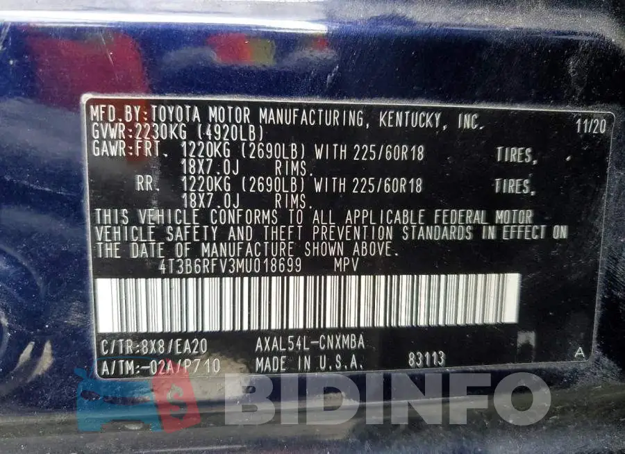 4T3B6RFV3MU018699 Photo# 13