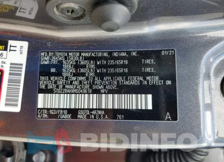 5TDZZRAHXMS049618 Photo# 13