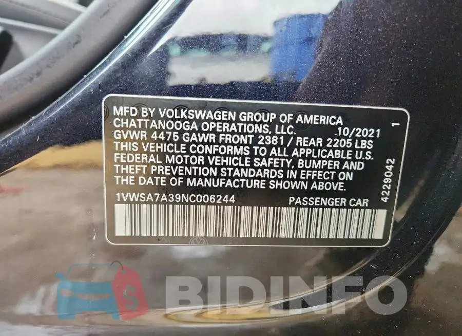 1VWSA7A39NC006244 Photo# 12