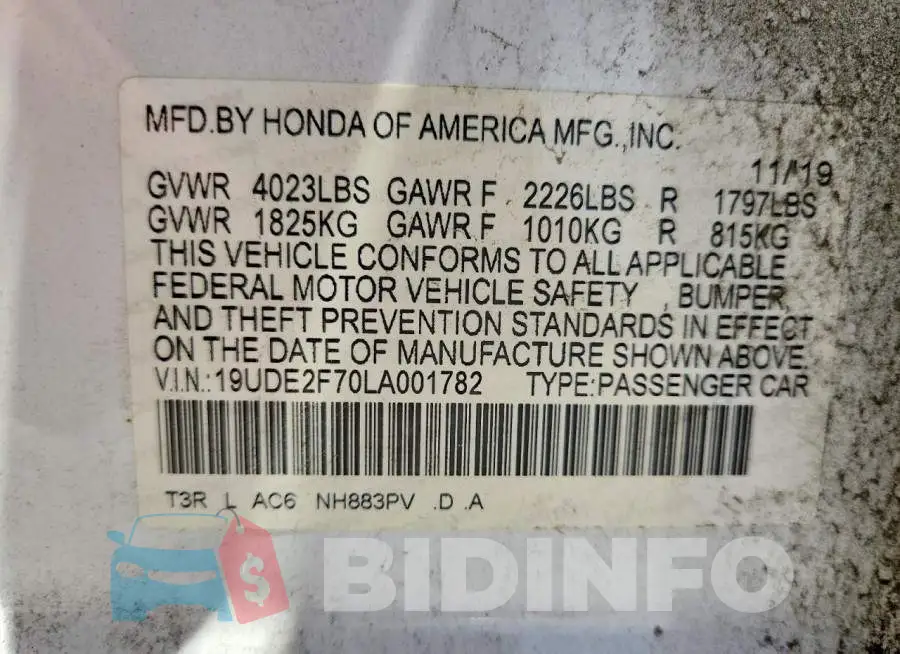 19UDE2F70LA001782 Photo# 12