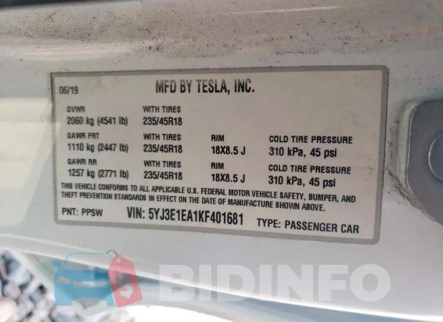 5YJ3E1EA1KF401681 Photo# 12
