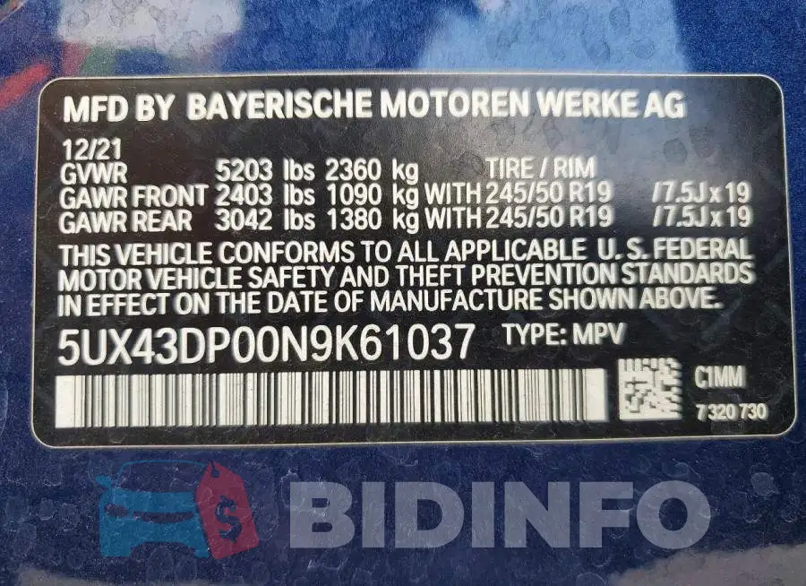 5UX43DP00N9K61037 Photo# 14
