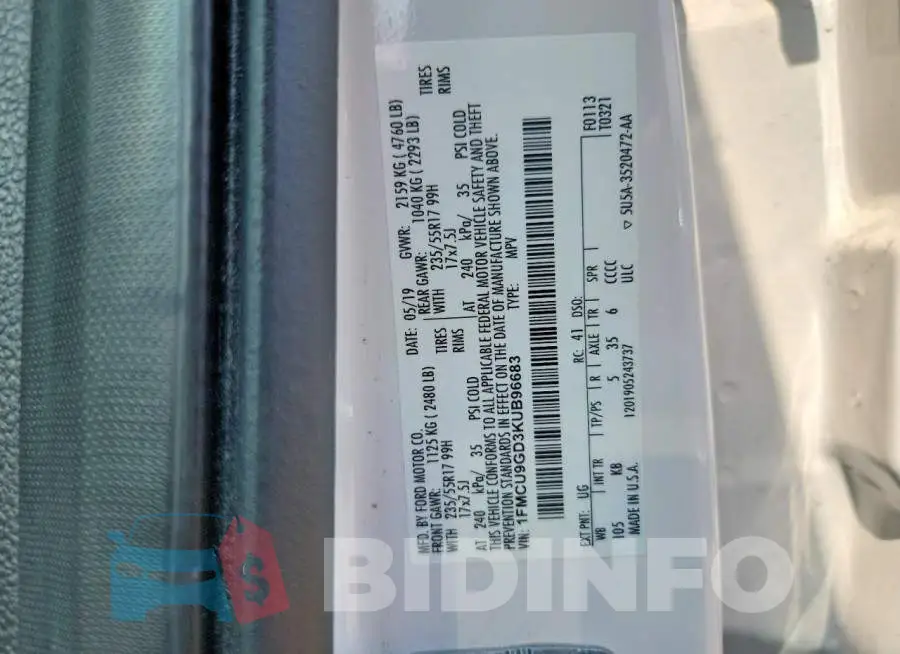 1FMCU9GD3KUB96683 Photo# 12