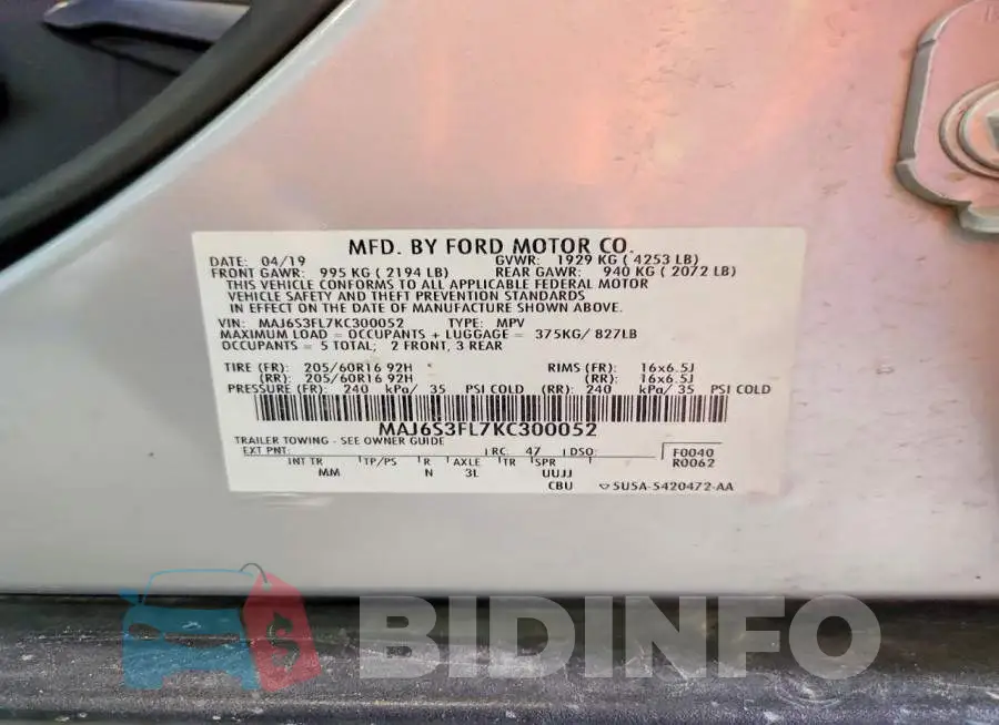 MAJ6S3FL7KC300052 Photo# 13