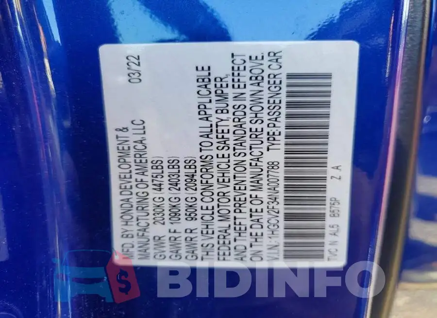 1HGCV2F34NA007788 Photo# 12