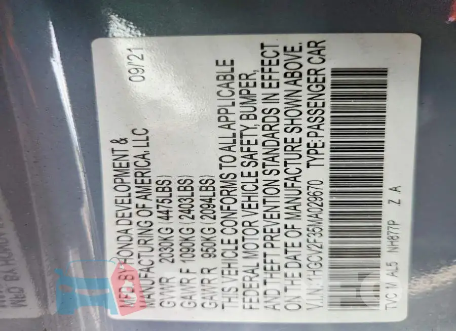 1HGCV2F35MA029670 Photo# 12