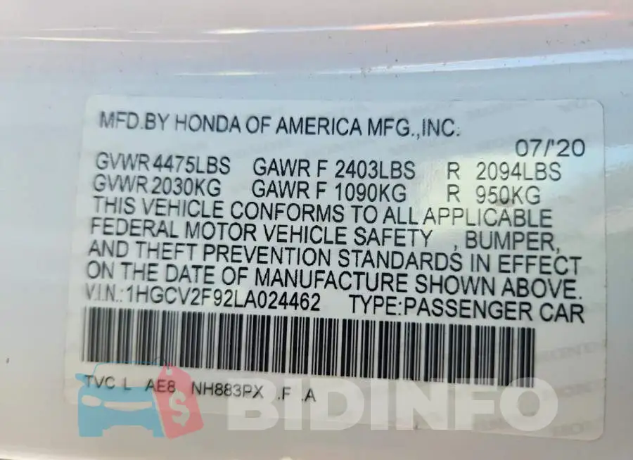 1HGCV2F92LA024462 Photo# 12