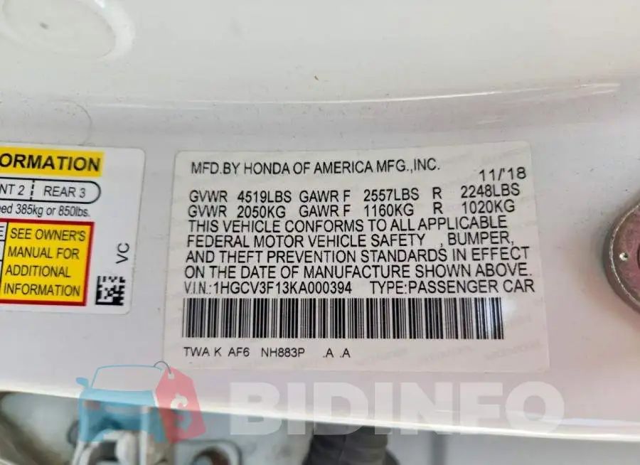 1HGCV3F13KA000394 Photo# 13