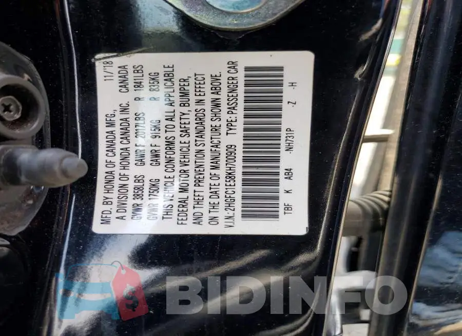 2HGFC1E58KH700909 Photo# 12