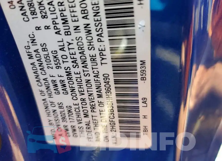 2HGFC3B36HH360490 Photo# 13