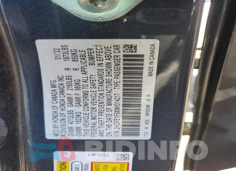 2HGFE1F9XNH314217 Photo# 13