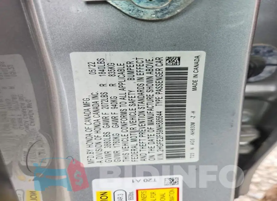 2HGFE2F59NH585644 Photo# 12