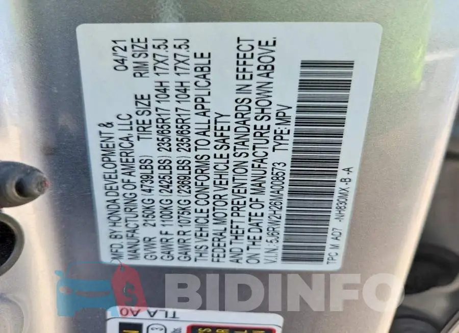 5J6RW2H26MA008573 Photo# 14