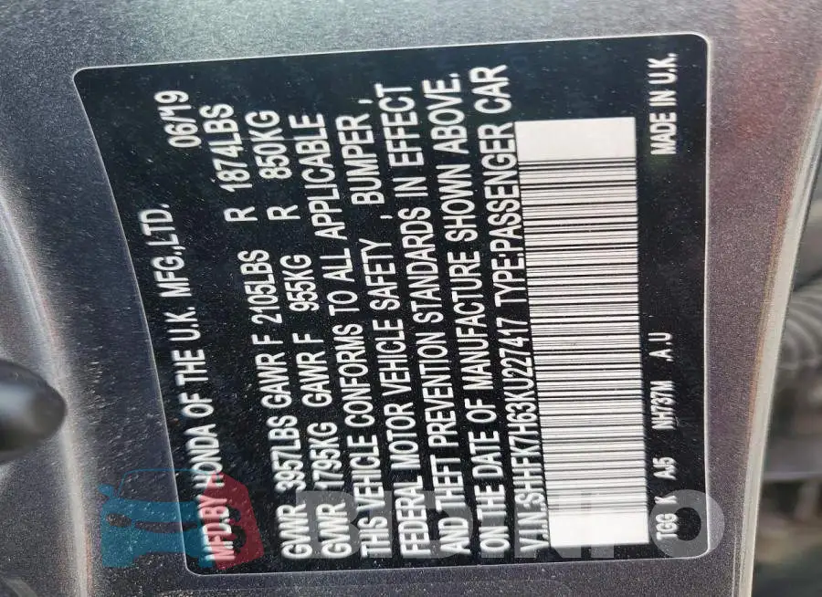 SHHFK7H63KU227417 Photo# 13