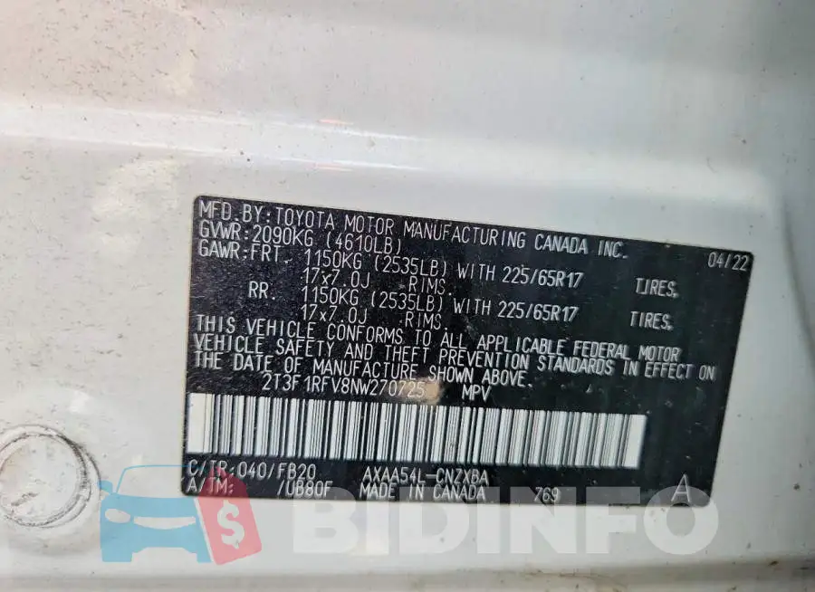 2T3F1RFV8NW270725 Photo# 13