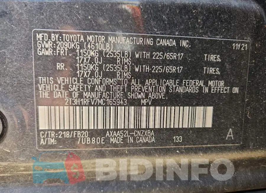 2T3H1RFV7MC165943 Photo# 14