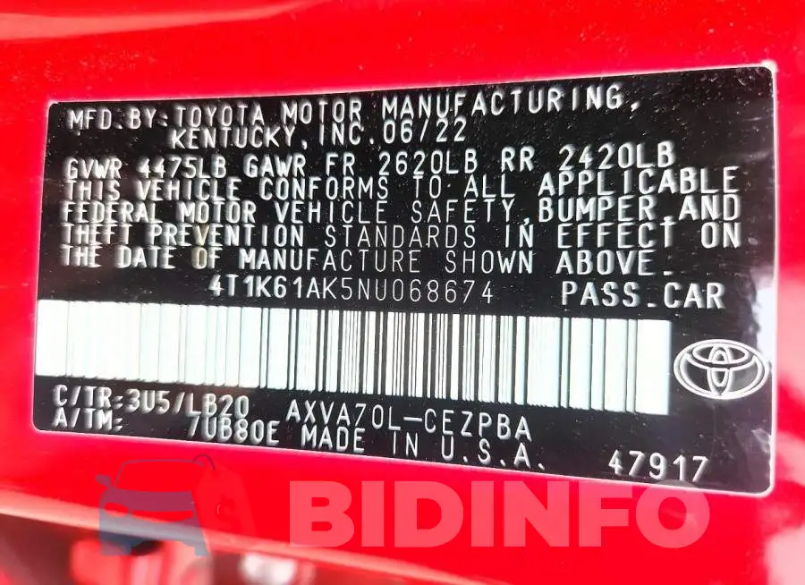 4T1K61AK5NU068674 Photo# 12