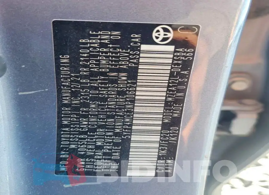 5YFP4MCE3NP106621 Photo# 12