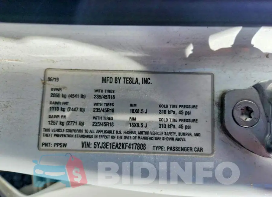 5YJ3E1EA2KF417808 Photo# 12