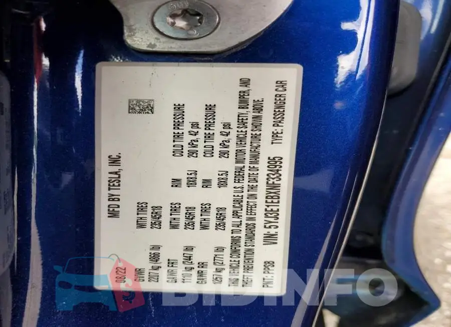5YJ3E1EBXNF334995 Photo# 13