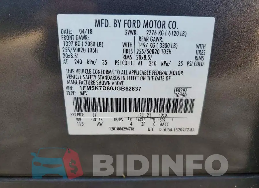 1FM5K7D80JGB62837 Photo# 13