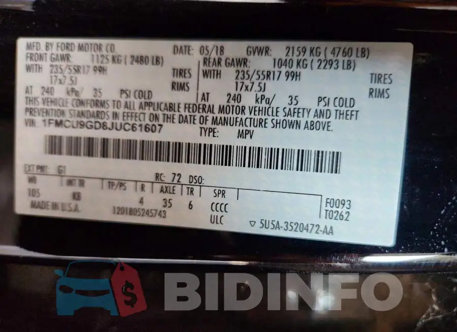 1FMCU9GD8JUC61607 Photo# 13