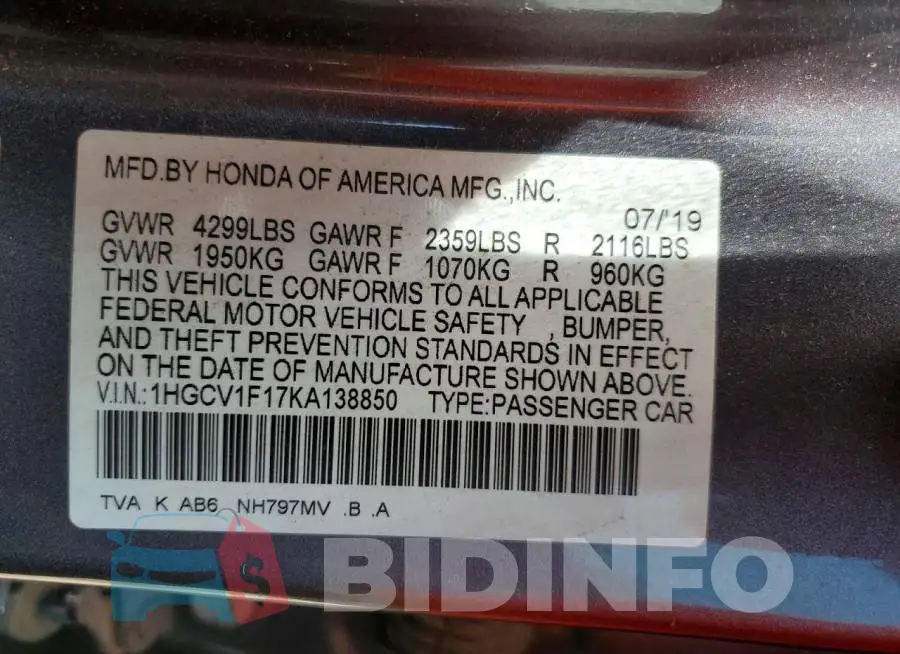 1HGCV1F17KA138850 Photo# 13