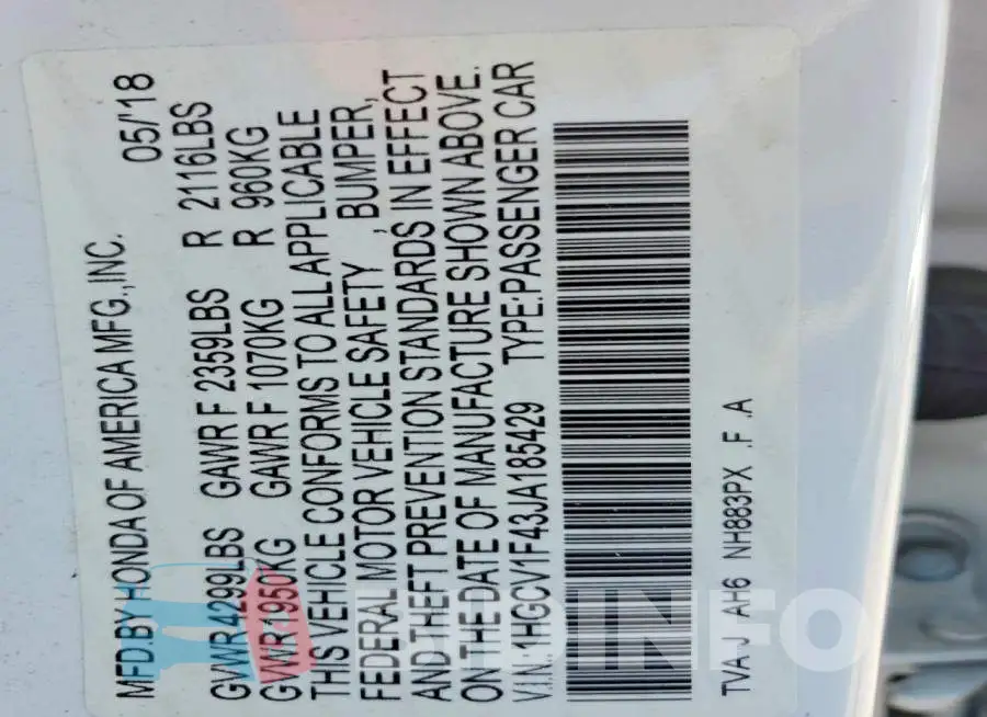 1HGCV1F43JA185429 Photo# 12