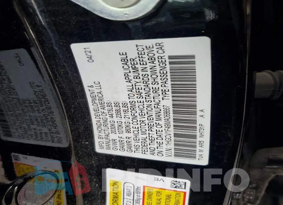 1HGCV1F49MA068667 Photo# 12
