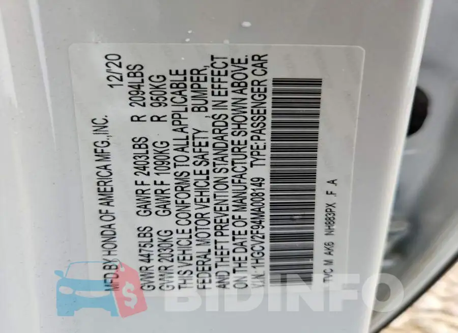 1HGCV2F94MA008149 Photo# 12