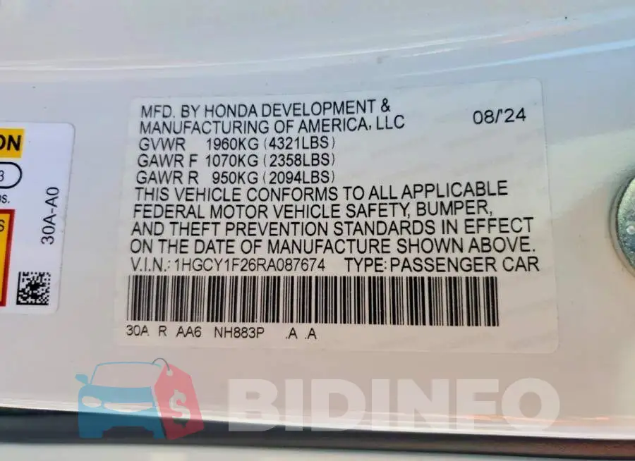 1HGCY1F26RA087674 Photo# 12