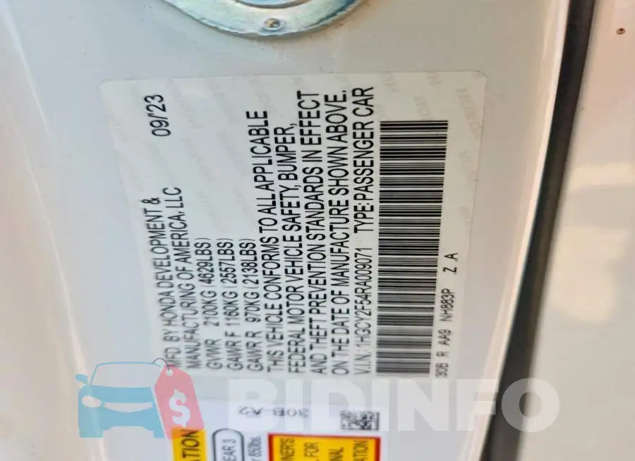1HGCY2F54RA009071 Photo# 13