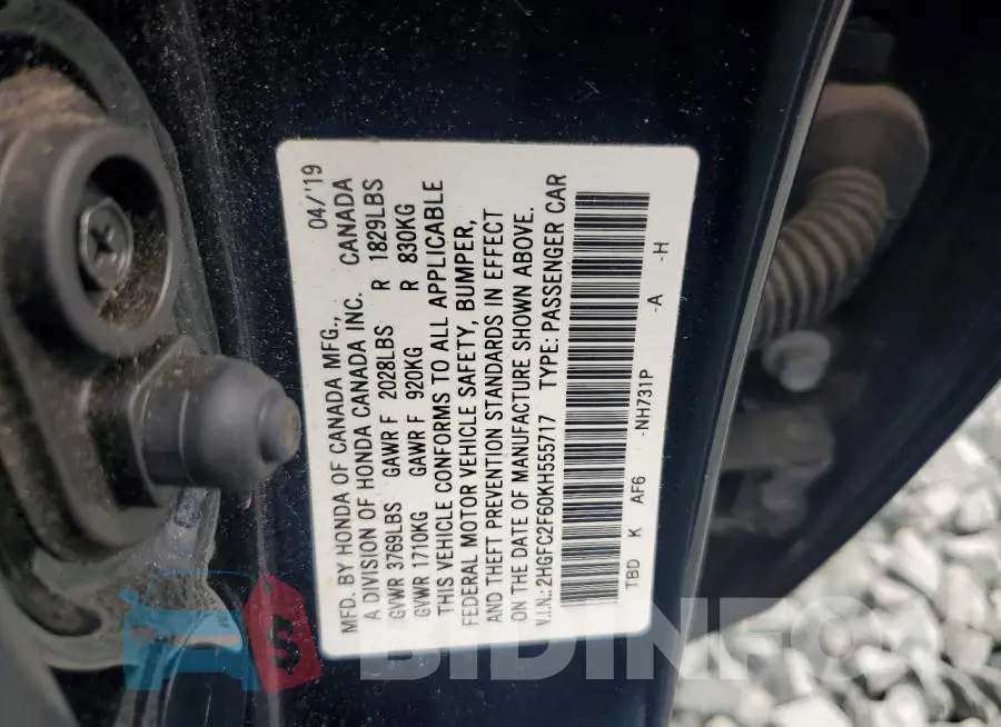 2HGFC2F60KH555717 Photo# 12