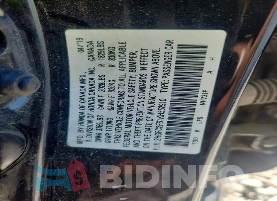 2HGFC2F61KH552910 Photo# 12