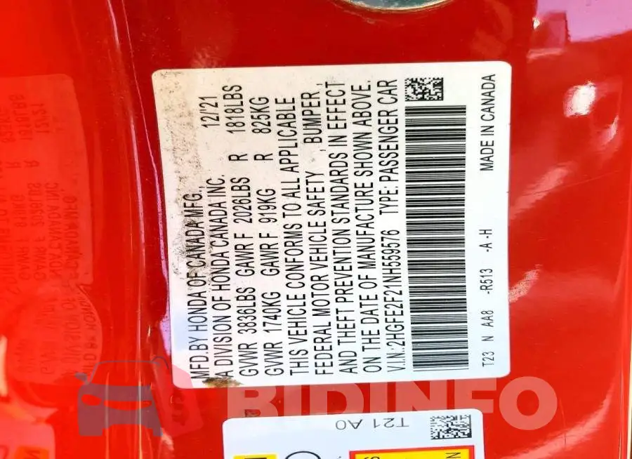 2HGFE2F21NH559576 Photo# 13
