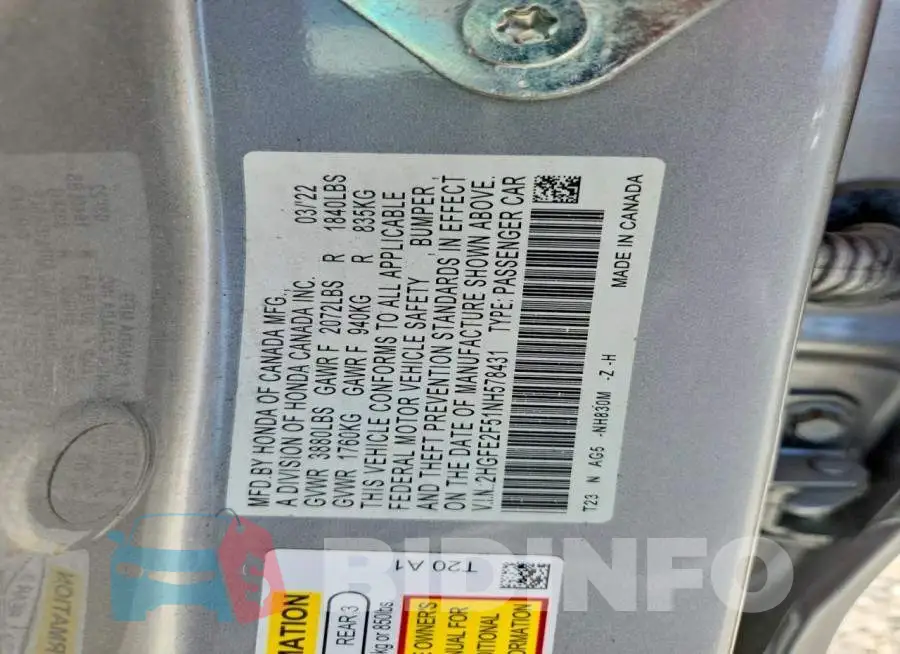 2HGFE2F51NH578431 Photo# 12