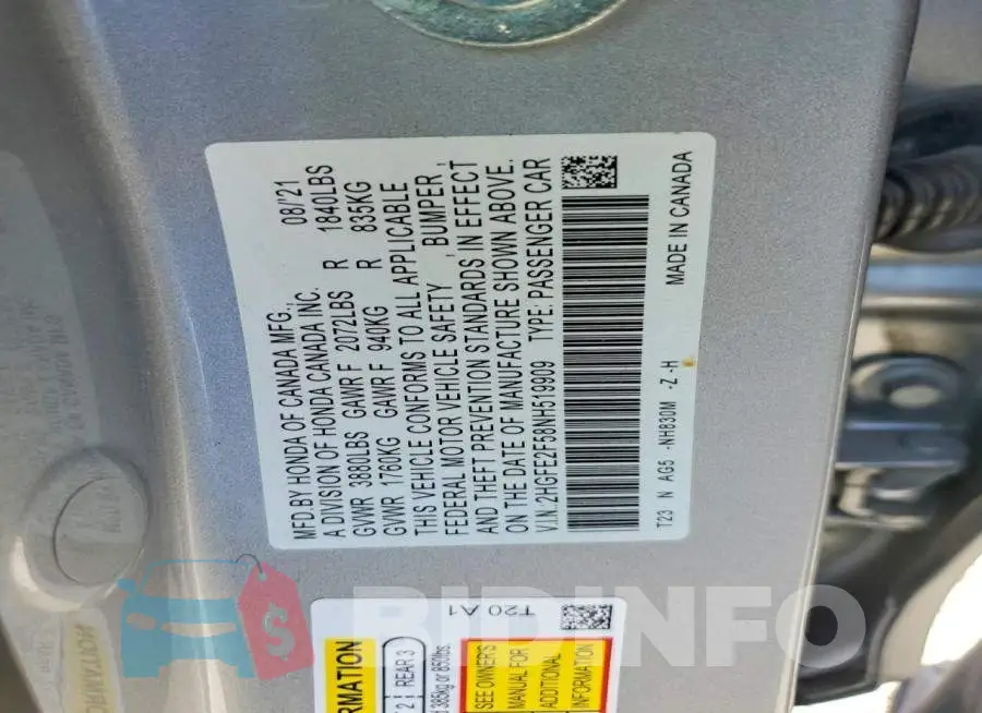 2HGFE2F58NH519909 Photo# 13
