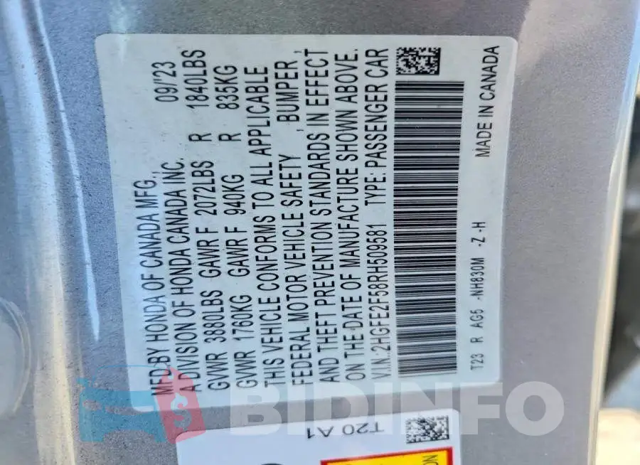 2HGFE2F58RH509581 Photo# 13