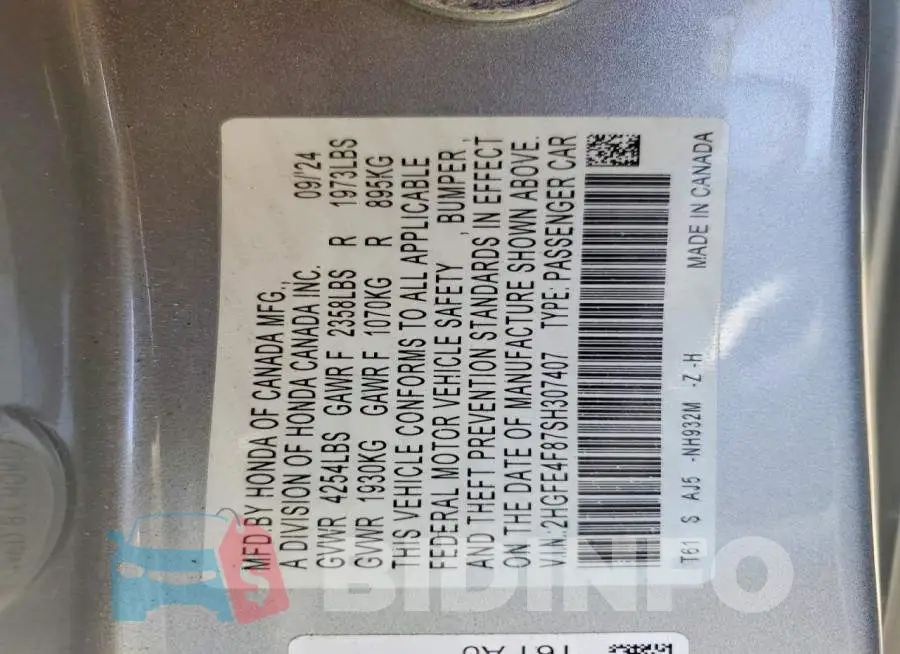 2HGFE4F87SH307407 Photo# 12