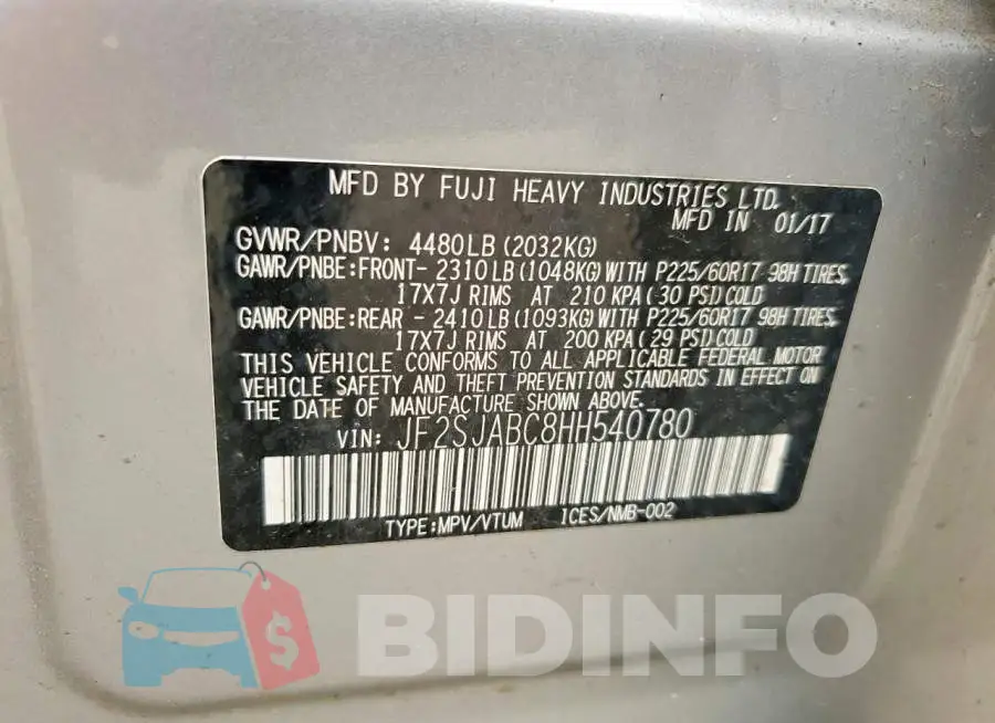 JF2SJABC8HH540780 Photo# 13